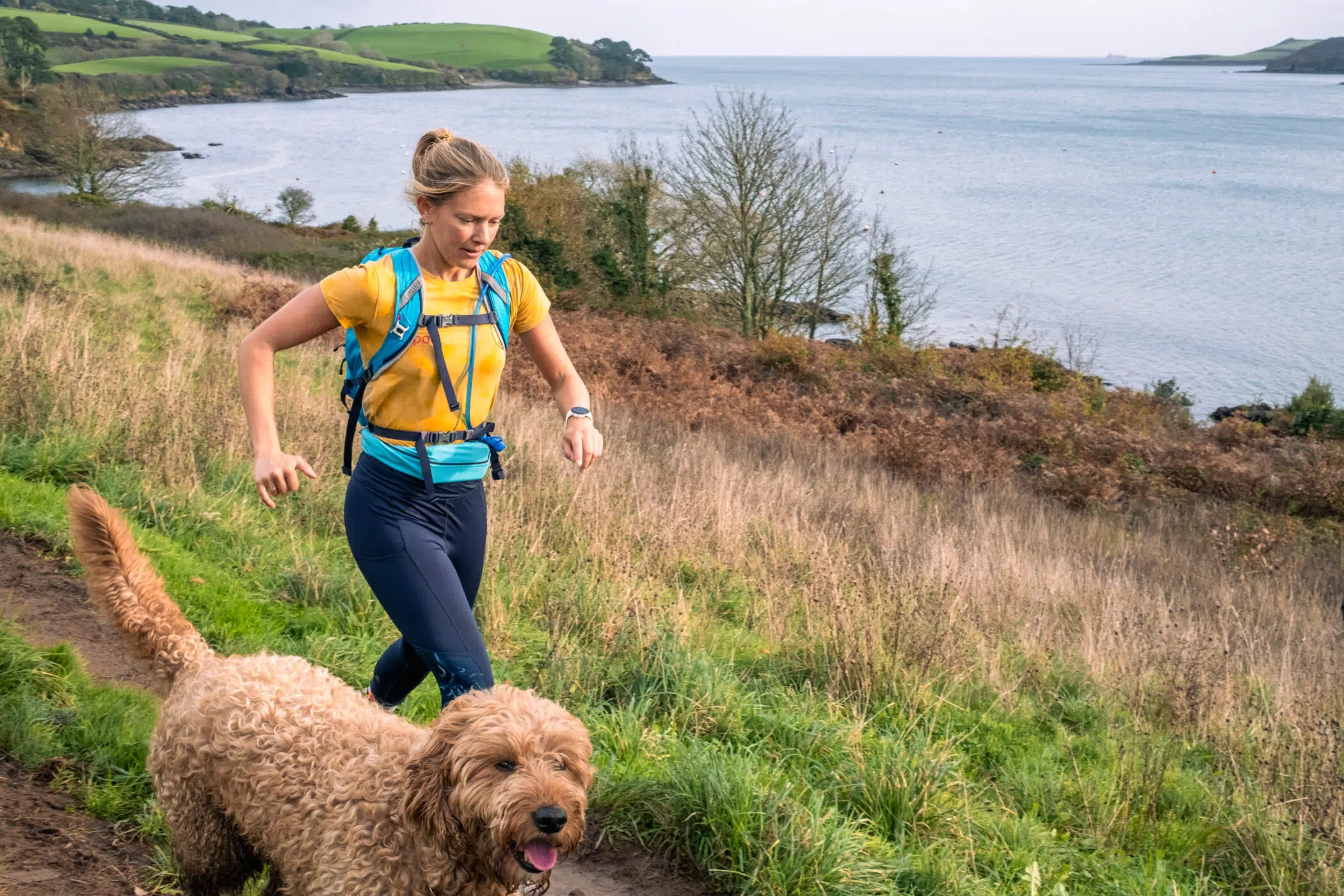 Hiker in a yellow shirt with a blue backpack walks a curly brown dog along a coastal trail with sea and green hills behind them