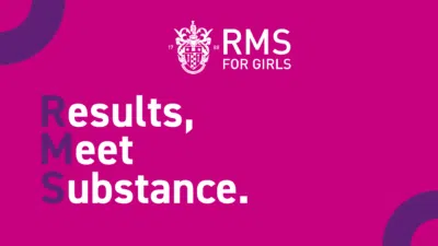 RMS for Girls logo with crest and the slogan 'Results, Meet Substance' on a magenta background.