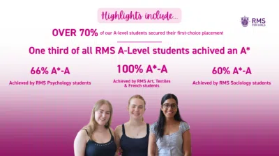 RMS Girls banner highlighting A-level results: over 70% first-choice placements and 66%, 100%, and 60% A*-A by subject, with three smiling students at bottom.