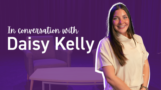 Banner image showing a smiling woman on the right, with the text 'In conversation with Daisy Kelly' on a purple background.